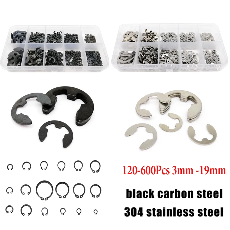 120-600Pcs 3mm -19mm 304 Stainless Steel E Clip washer Assortment Kit Circlip retaining ring for shaft fastener