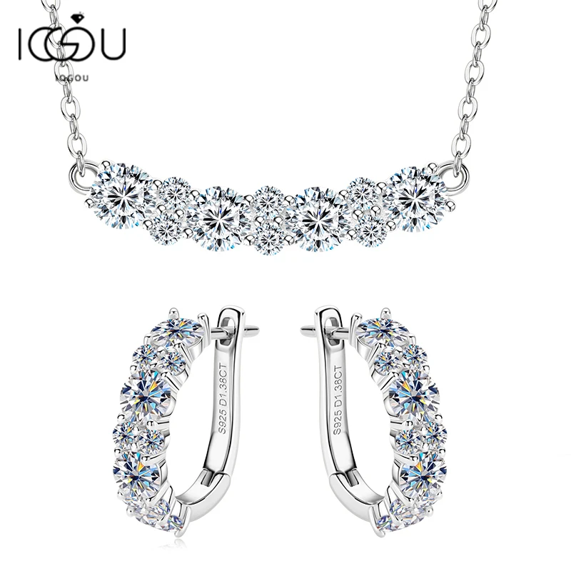 IOGOU VVS1 Real Moissanite Moissanite Jewelry Set 925 Sterling Silver Curved Necklace Earrings Elegant Bridal Wedding Gife