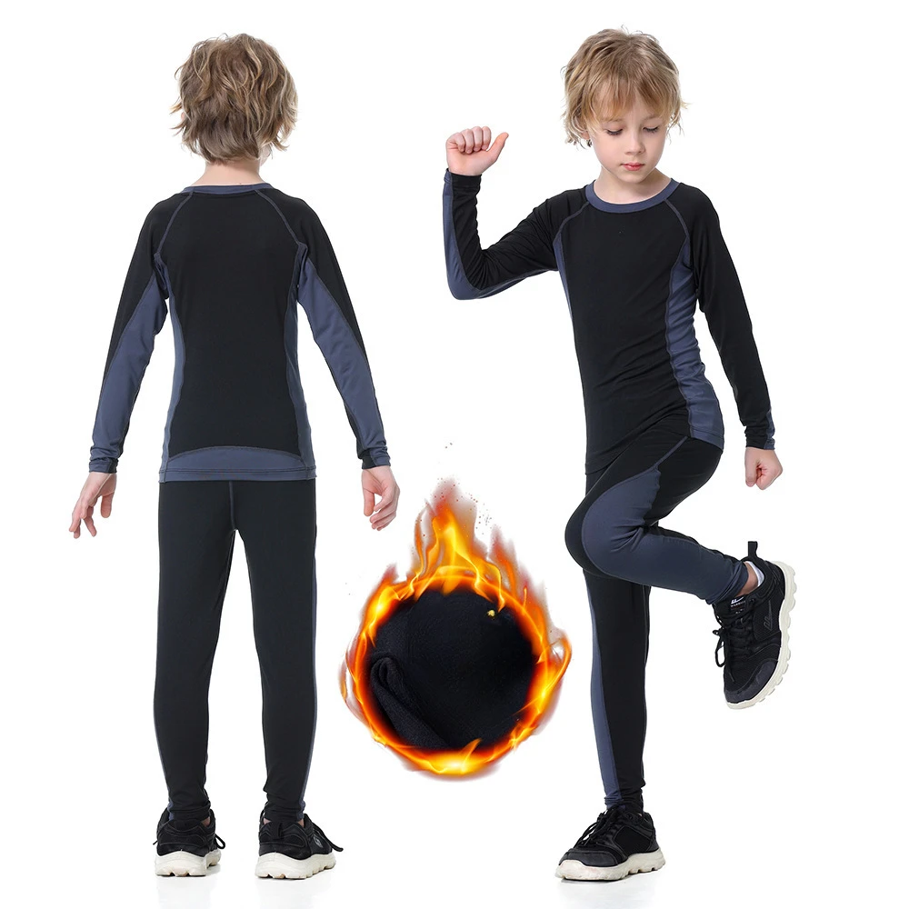 Children Velvet Sportswear Boy Training Fitness Jersey Football Basketball Skiing Snowboarding Tights Two-Piece Set Underwear