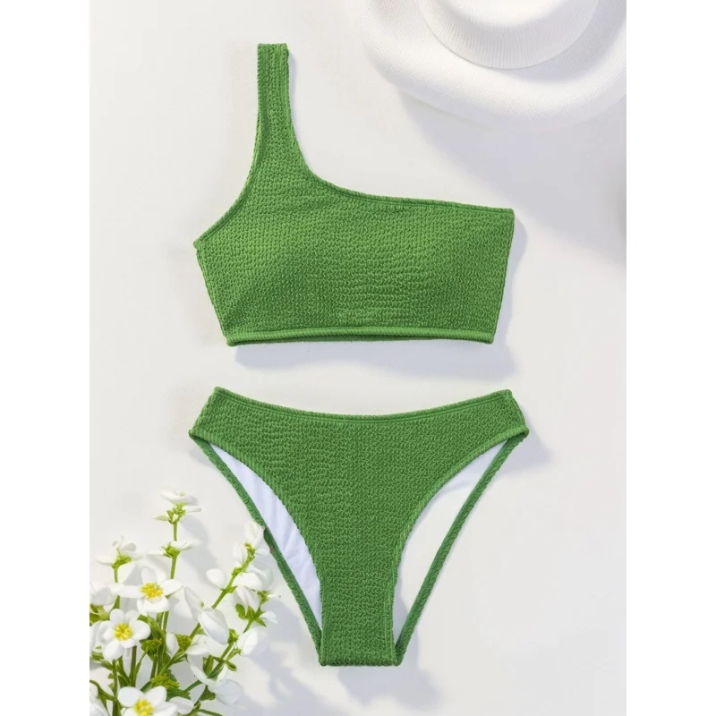 New swimsuitbikiniSolid Color Snakelike Fabric One-Shoulder Bikini Two-Piece Swimsuit for Women