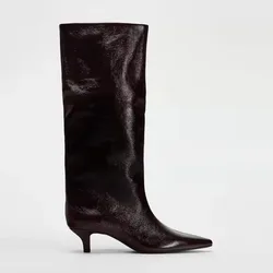 2025 Luxury Knee High Boots Women Wine Red Pointed Toe Kitten Heel Long Boots Wide Tube Bottes Santiags Femme Elegant Shoes