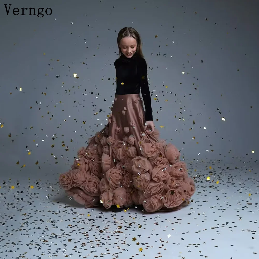 Verngo Velvet Elegant Girl Dress 3D Flowers Full Sleeves A line Dress For Wedding Kids Ceremonial Puffy Party Dress Customized