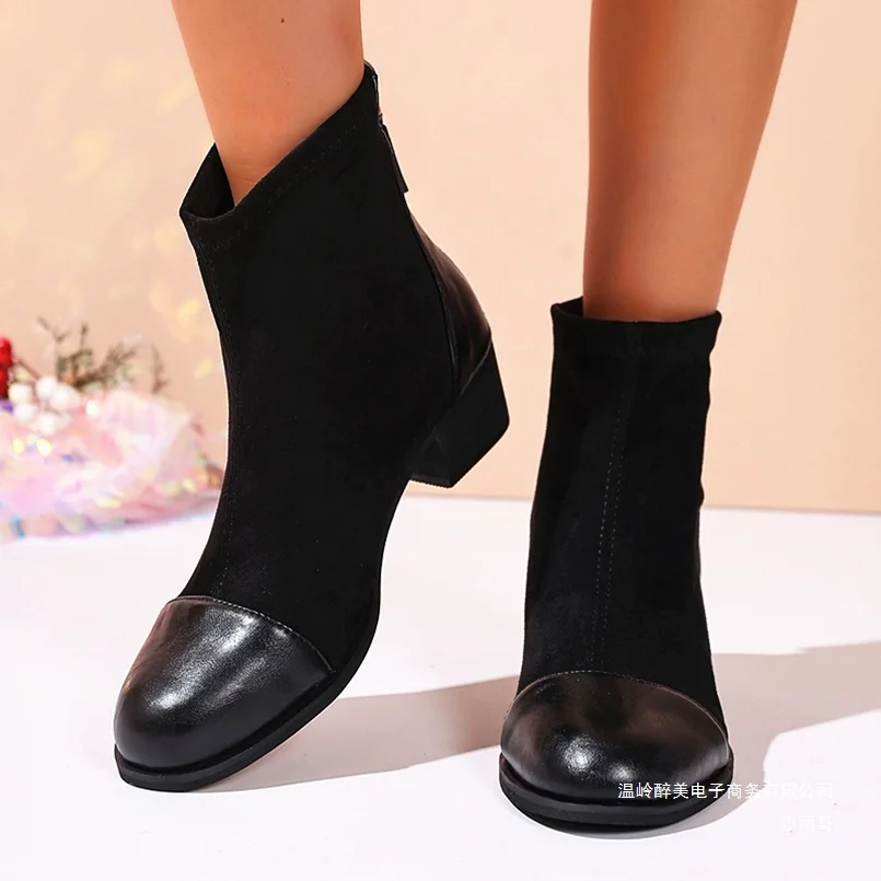 New fashionable British-style short-top autumn new large-sized round-toe back zipper chunk-heeled fashion boots