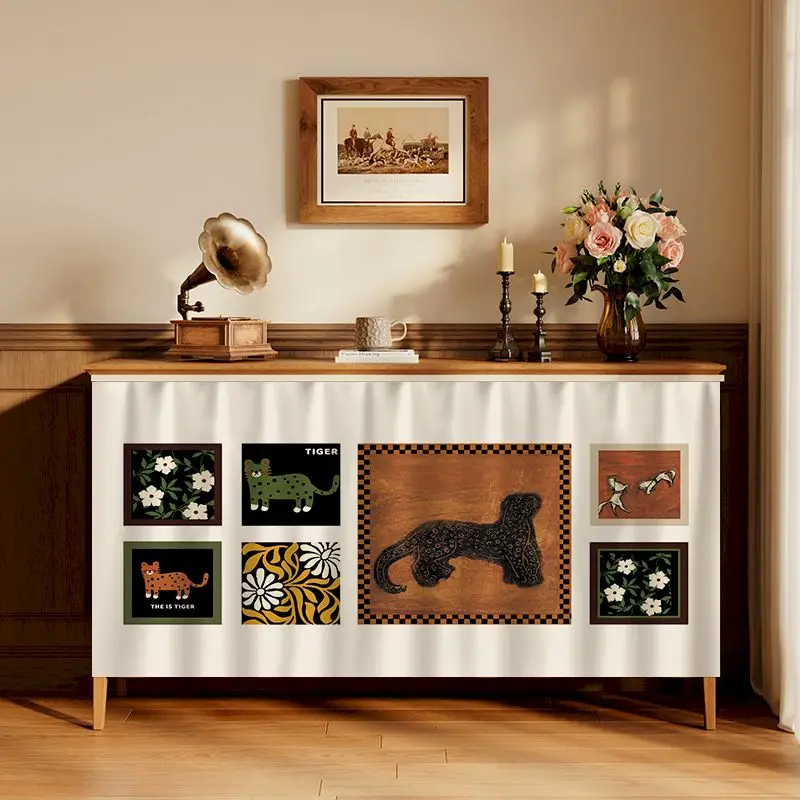 VIKAMA Patchwork Tile Floral Bird Cabinet Curtain, 6 Designs, Short Curtain for Kitchen Cabinet Door Decor