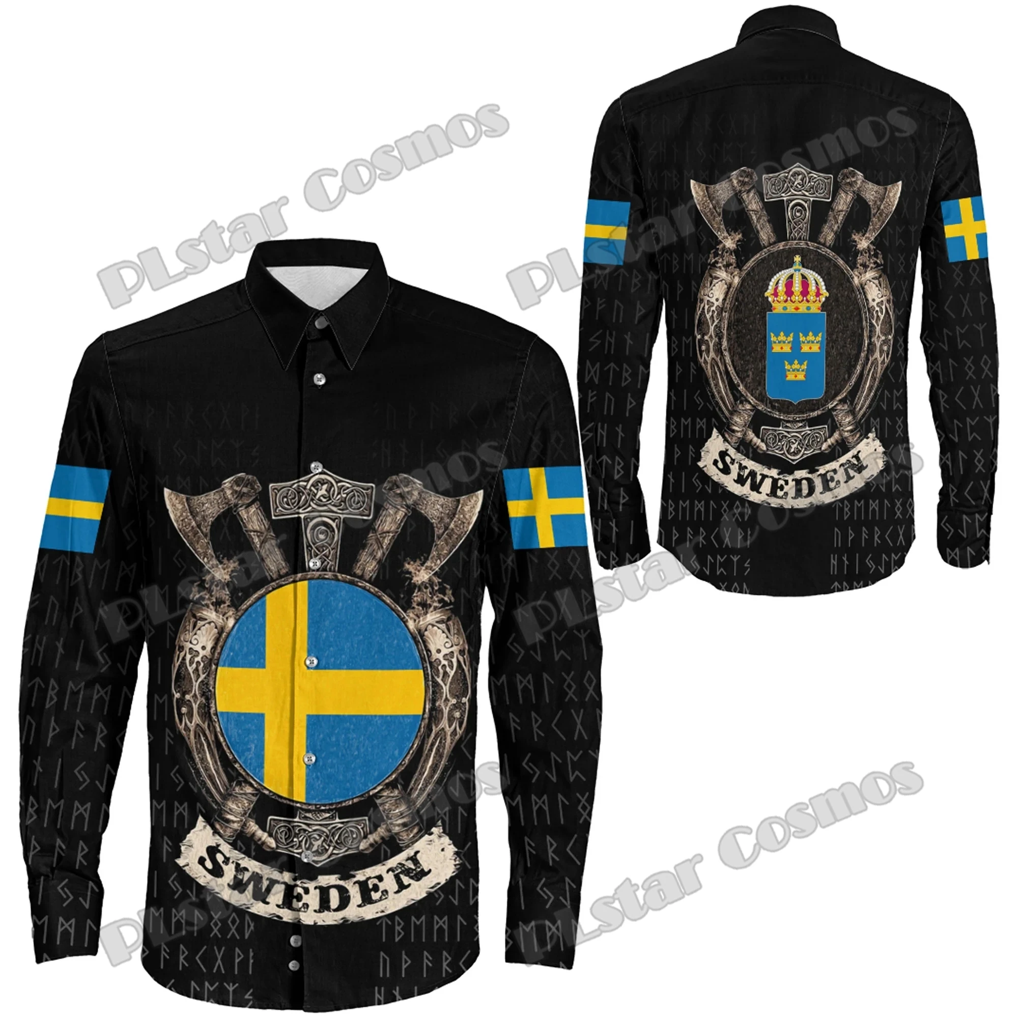 Eropa Utara Negara Tato Denmark Perisai 3D Dicetak Fashion Pria Lengan Panjang Tombol Kemeja Musim Semi Pria Kasual Kerah Kemeja CXS53