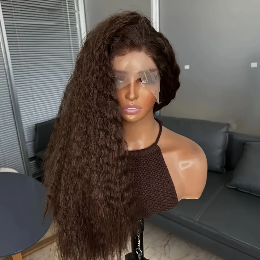 

180 Density Long 26 inch Soft Preplucked Dark Brown Kinky Curly Lace Front Wig For Women Natural Hairline Wig With Baby Hair