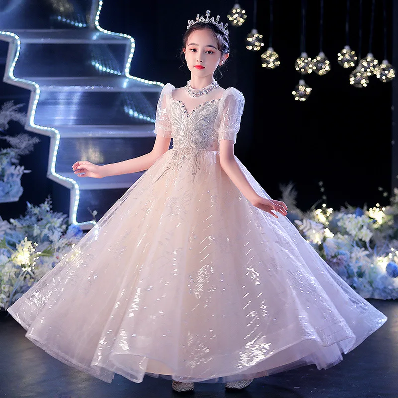 Vestidos de princesa para niñas, vestido de baile con cuentas de flores de encaje, ropa para niñas, vestido largo de fiesta de boda para dama de honor para niños