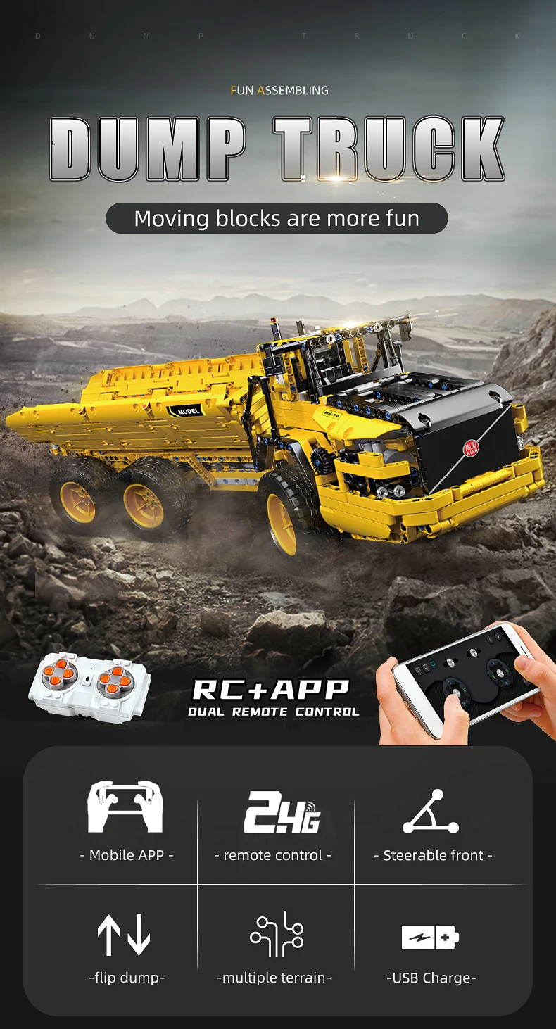 MOULD KING 17010 Technical Car Engineering Vehicle Toys APP RC Dump Truck Set Blocks MOC-8002 Bricks Christmas Gifts For Boys