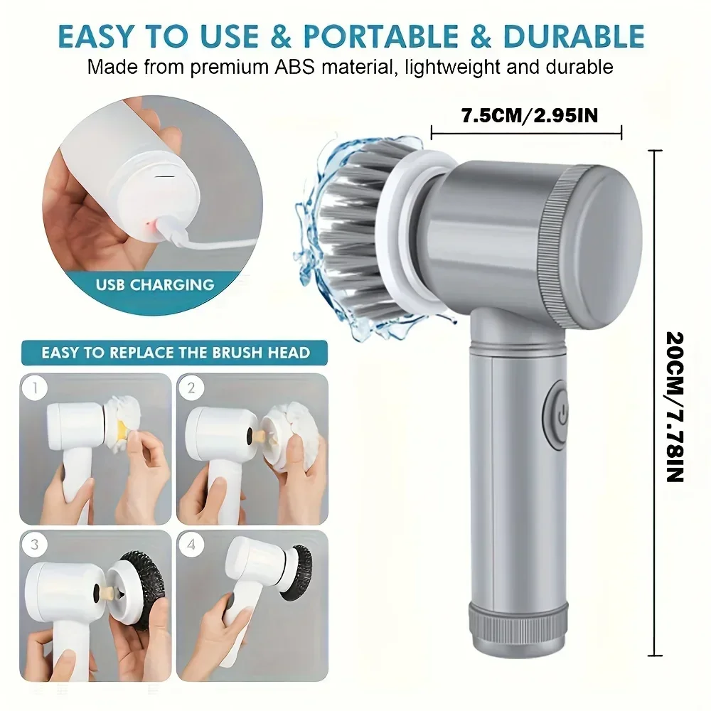 Portable Electric Spin Scrubber Bathroom Cleaning Brush Power Scrubber With 5 Replaceable Brush Head For Kitchen Toilet Room