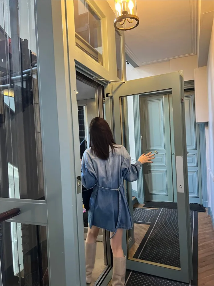 เดรสยีนส์สปริงสำหรับผู้หญิง แฟชั่นใหม่ แขนยาว เดรสเชิ้ตสไตล์เกาหลี ชุดลำลองยีนส์สำหรับผู้หญิง