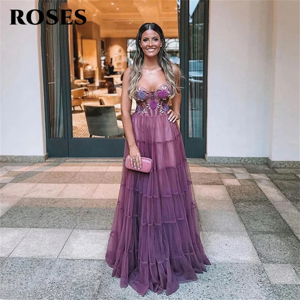 

ROSES Dark Purple Net Formal Dress Appliques Sweetheart Party Dress For Wedding Tiered Pleat Special Occasion Dress robe soirée