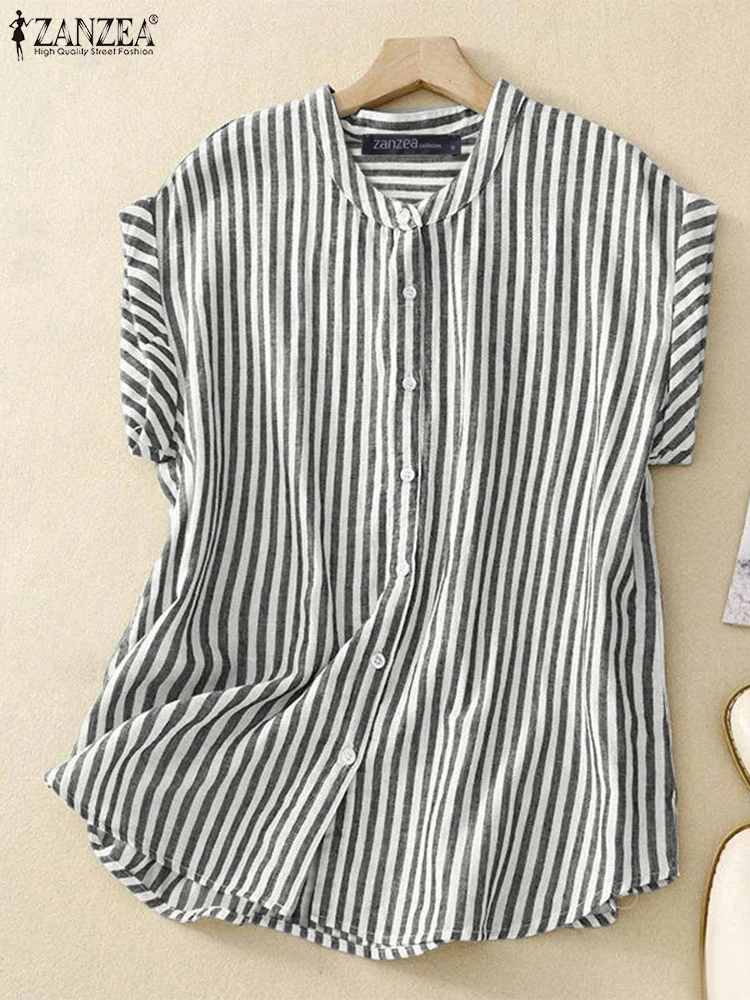 

ZANZEA, женские повседневные полосатые рубашки, лето 2021, модная сорочка с круглым вырезом и короткими рукавами на пуговицах, женская повседневная одежда, туника, топы