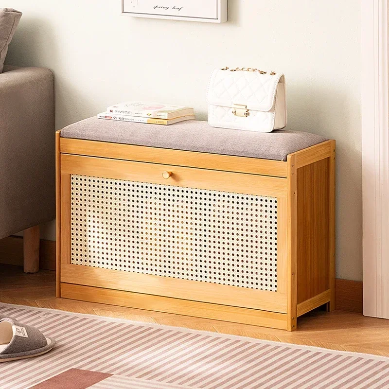 

Modern Natural Bamboo Shoe Cabinet - Simple Changing Shoe Stool with Tipping Bucket Storage Soft Cushion Entrance Bench