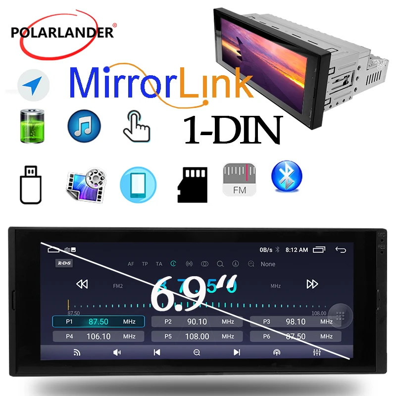 Android 1‑Din Car Radio 6.9 Inch IPS Capacitive Touch Screen Built‑in Carplay GPS WiFi Bluetooth FM 1GB+16GB Auto MP5 Player