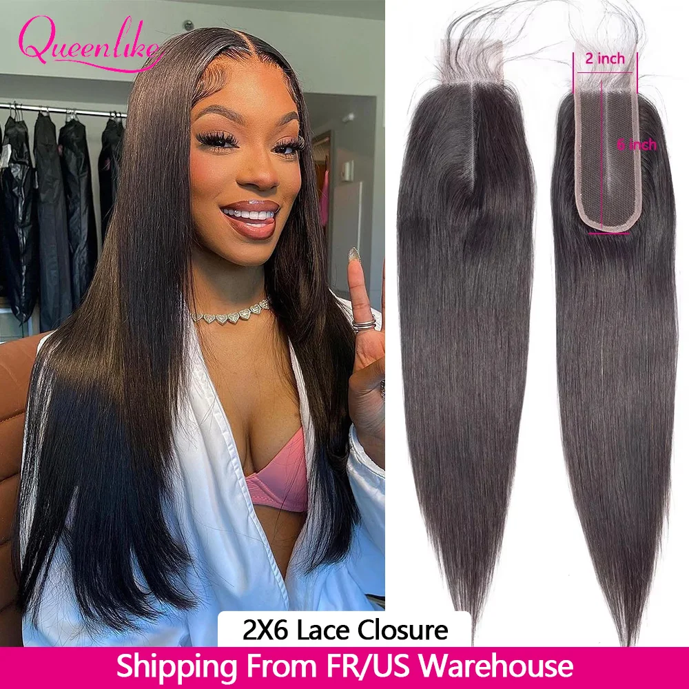 2x6 HD Transparent Lace Closure Deep Part Straight 100% Human Hair Closure Only Pre-Plucked Lace Brazilian Natural Black