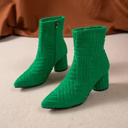 Winter 2023 Brand Design Women's Ankle Boots Green Pointed Roman Boots Denim Square Heel Side Zipper Sexy Women's Boots