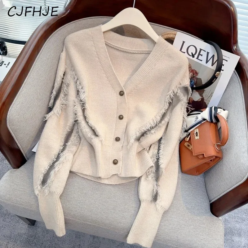 CJFHJE V-Neck Metal Button Knitted Women Commuter Fashion Tassel Bottom Cardigan Sweater Coat Casual Solid Color Women\'s Sweater