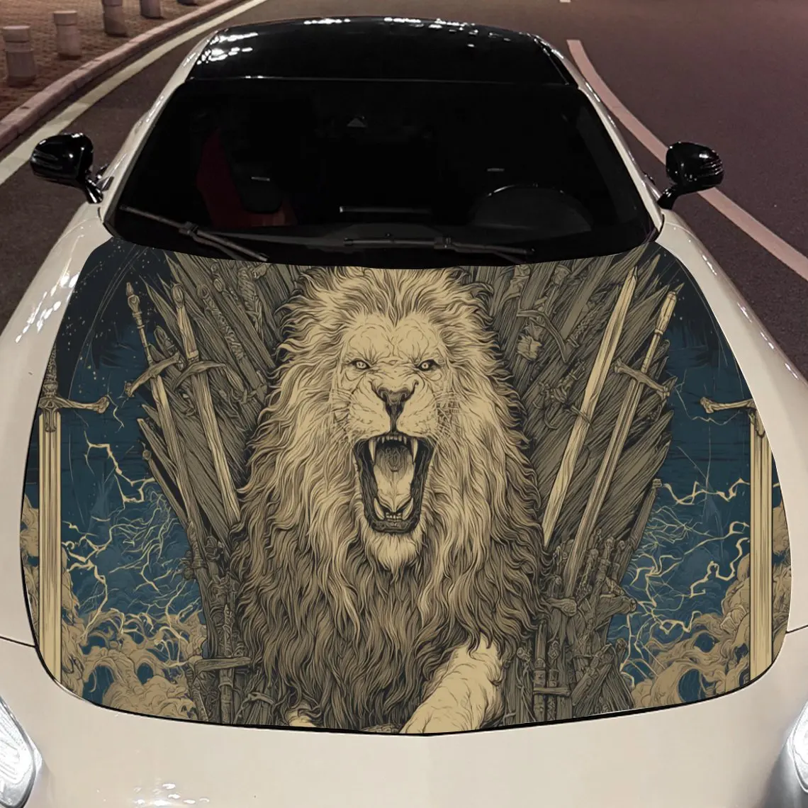 Dynamic Lion with Skulls and Swords Car Hood Sticker, Waterproof Self-adhesive Vehicle Vinyl Wraps Decal, Trendy Auto Exterior D