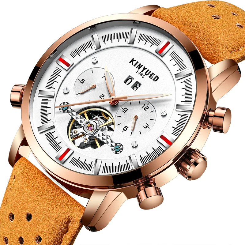 

Kinyued Male Automatic Mechanical Watch Skeleton Tourbillon Chronograph Waterproof Luxury Wristwatch Men's Reloj Leather Clock