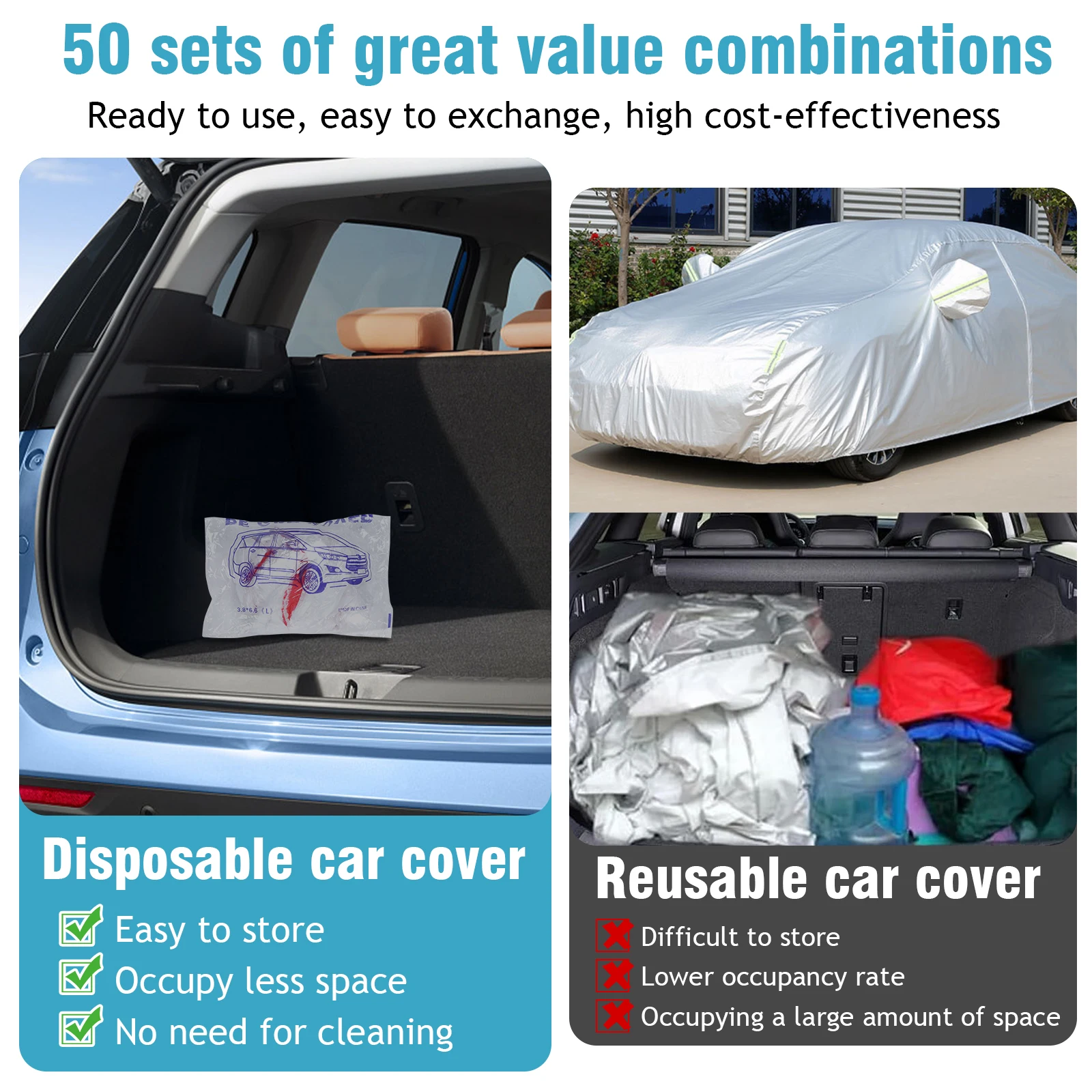50 Packs Universal Disposable Car Covers Car Condom with Elastic Band (12.5x21.6 Ft) for Sedan Outdoor Snow Rain Weather