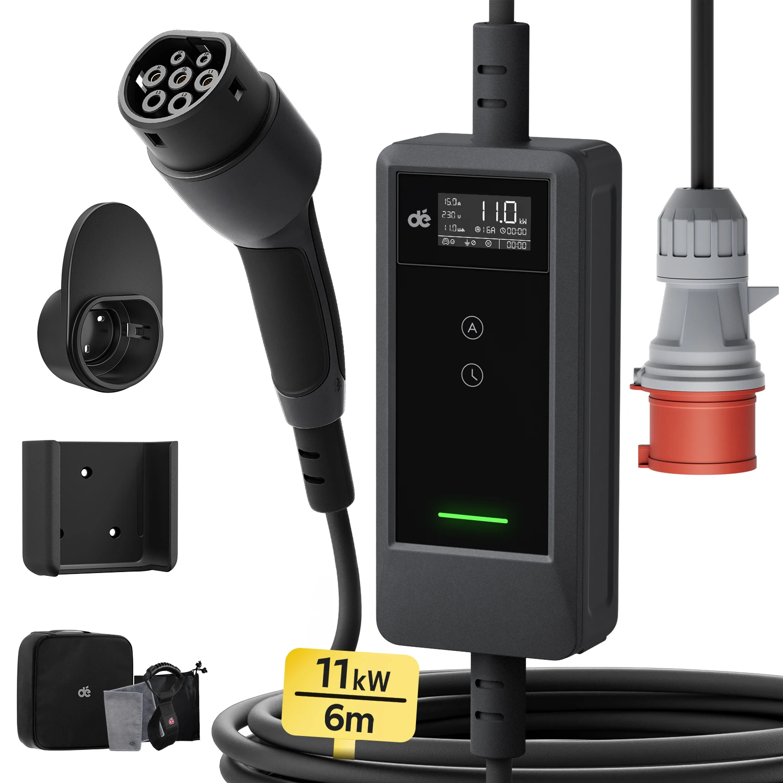 dé ev ladegerät 11kw 6m 8m 12m 3-phasig 6-16a mit einstellbarem Ladekabel ip66 cee 16a bis typ2