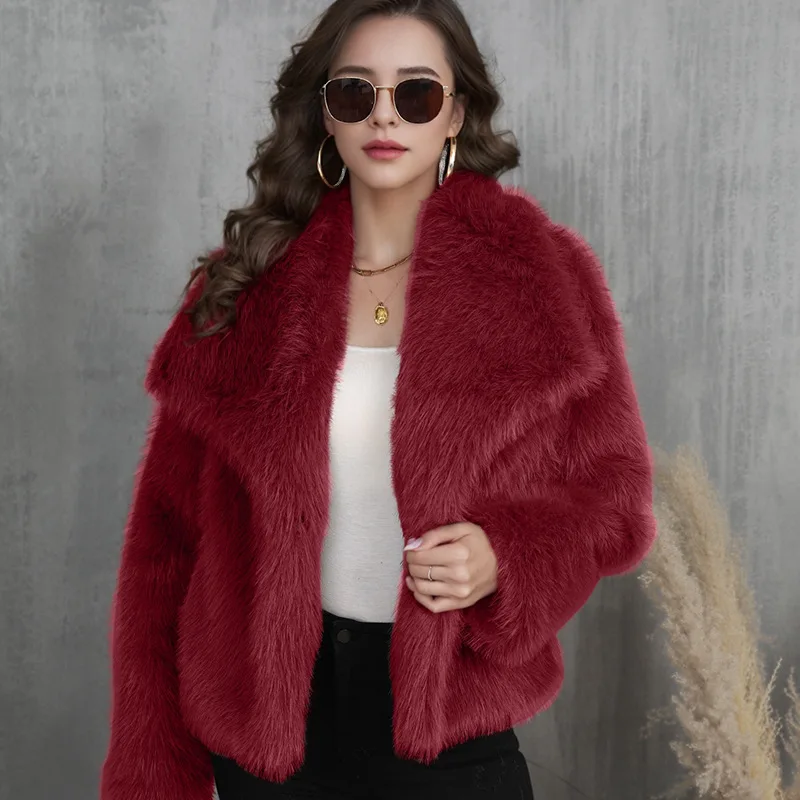 XS-3XL Luxury Winter Warm Open Stitch Loose Plush Jacket Women Turn-down Neck Faux Fox Fur Cardigan Ladies Thick Short Coat