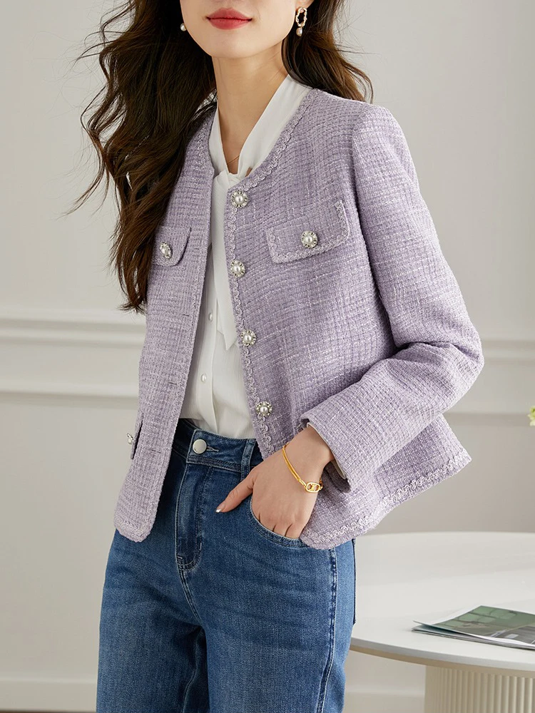 CJFHJE Women\'s Purple Casual Tweed Short Coat  Autumn New Korean Fashion Office Lady Commuting Round Neck Top New Female Jacket