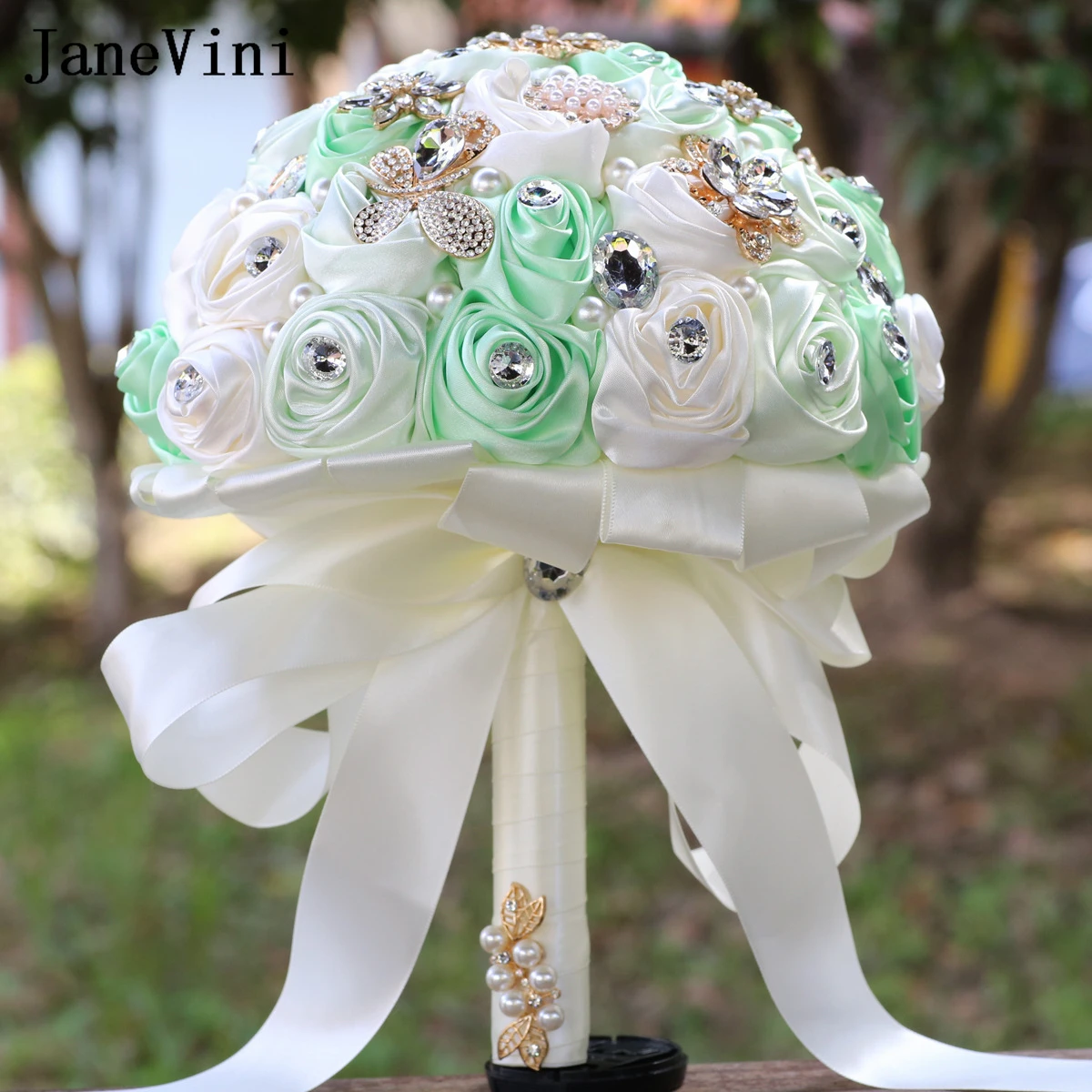 JaneVini Luxurious Crystal Gemstones Mint Green Bridal Bouquet Sparkly Jewelry Pearls Artificial Roses Flowers Wedding Bouquets