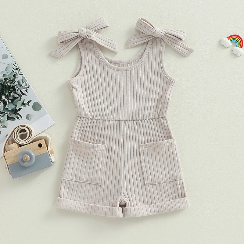 Infant Girls Sleeveless Jumpsuit Plain Ribbed Romper Outfit with Pockets for Summer Wear