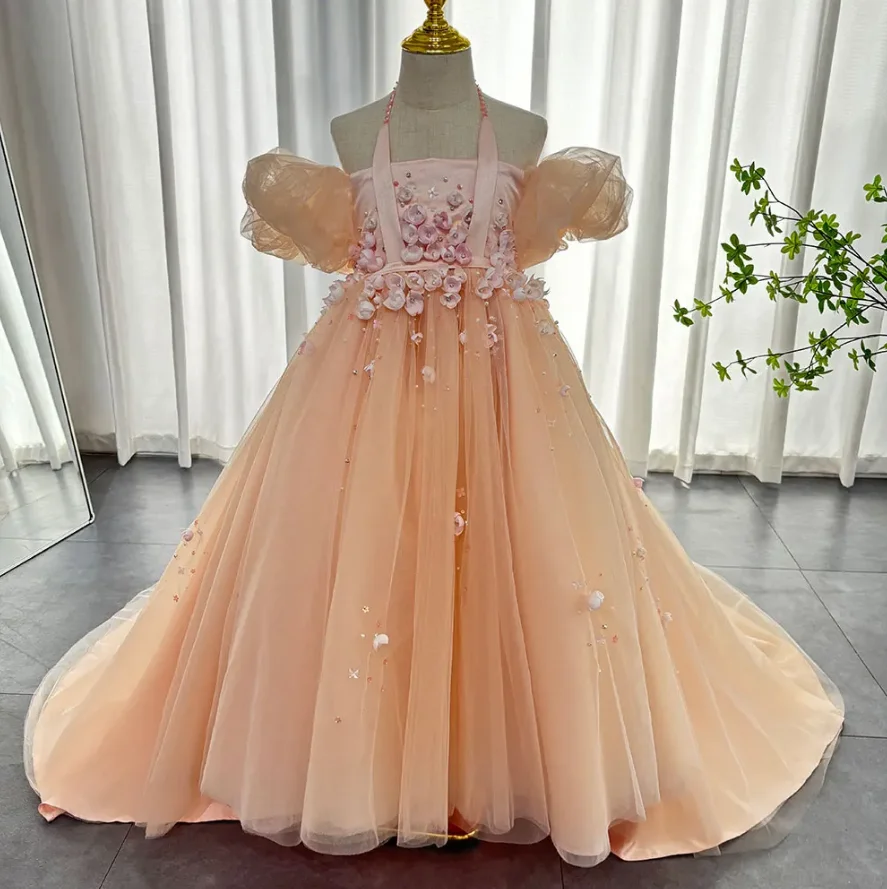 Luxury Princess Dress 3D Flowers Cora Pearls Dubai Kids Wedding Birthday First Communion Party Prom Gowns 2024