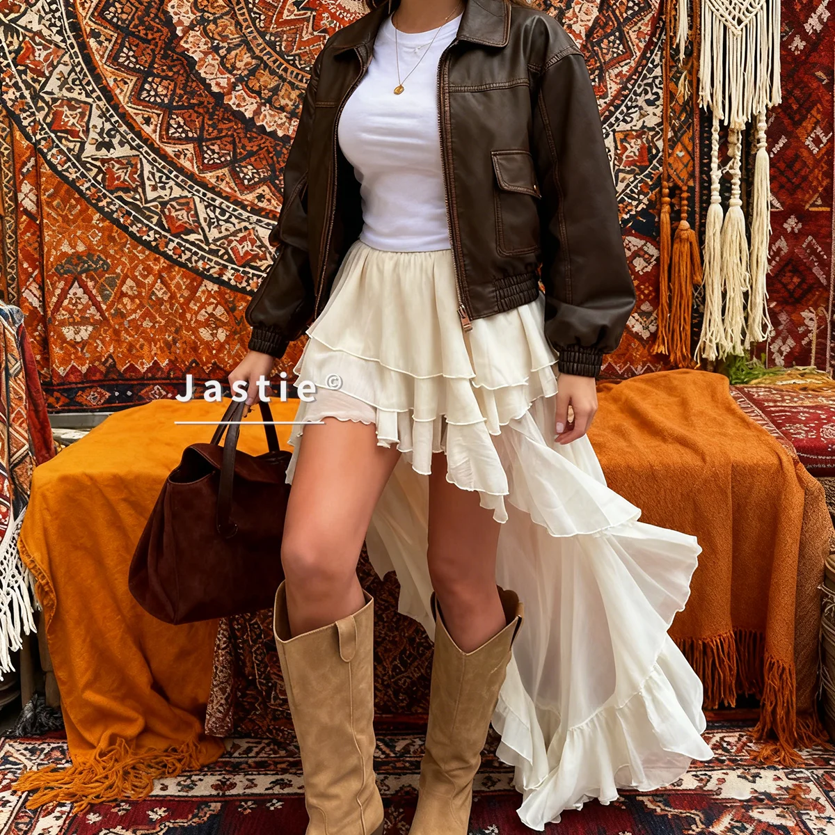 بوهو عادية المشمش التنانير فضفاضة للنساء موضة عالية الخصر مطوي التنانير أنيقة رقيقة الطابق طول تنورة الإناث الشاطئ Jupe #2