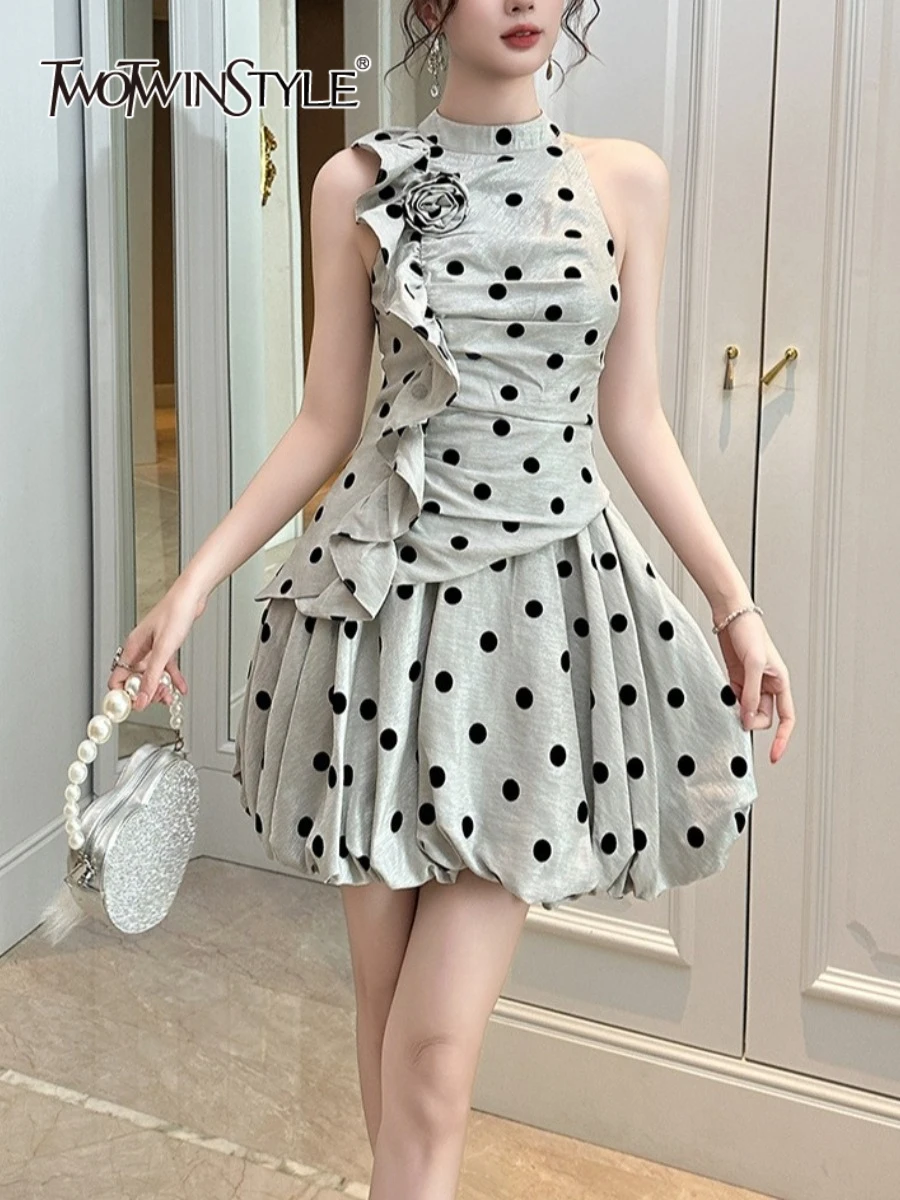 

TWOWINSTYLE Hit Color Spliced Polka Dot Mini Dresses for Women Round Neck Sleeveless Patchwork 3D Flower Elegant Dress Female