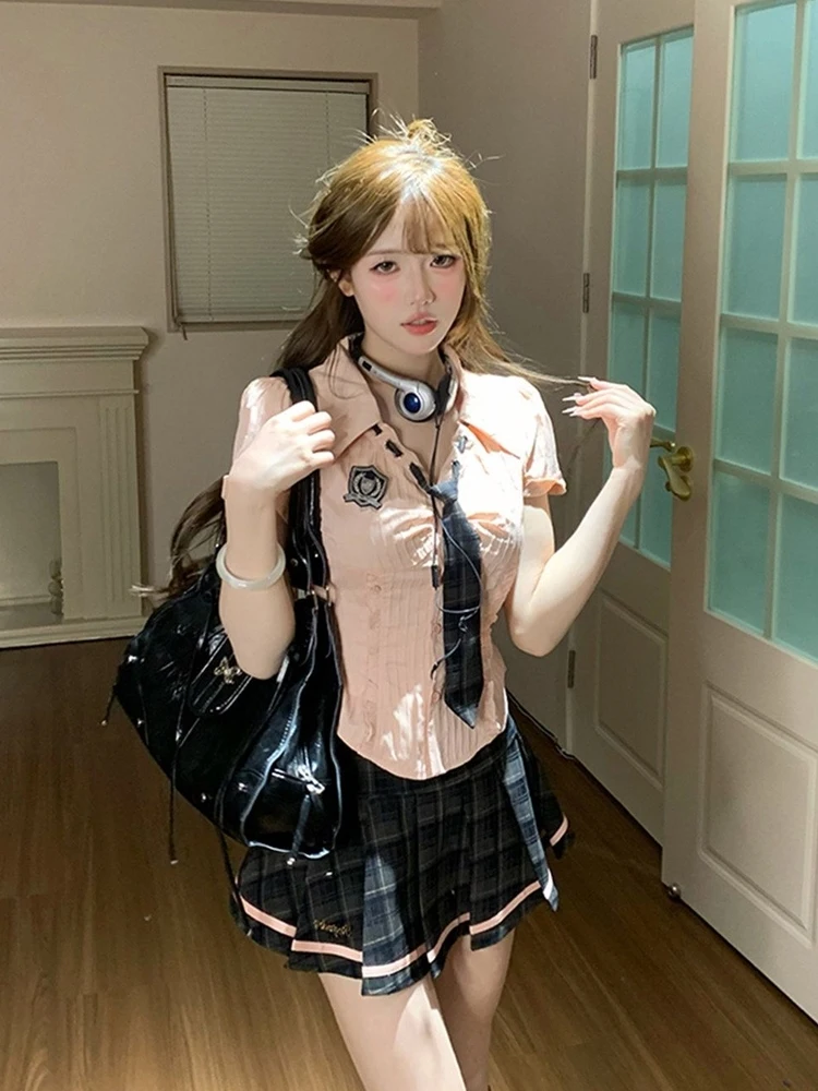 

American College Style JK Uniform Fashion Sexy Slim Fit Short Sleeve Tie Shirt Plaid Pleated Skirt Two Piece Set Women's Clot...