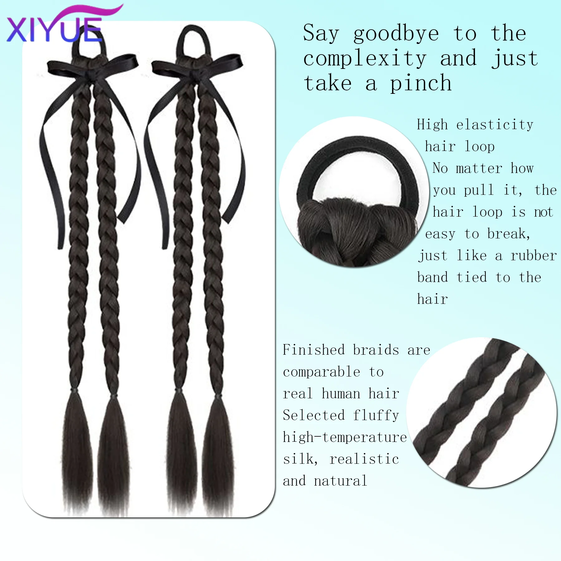 XIYUE Synthetic Braided Twist Braids ponytail Hair Extension Black Natural Wig Long Ponytail Hair Band Rubber Band Women\'s Wig