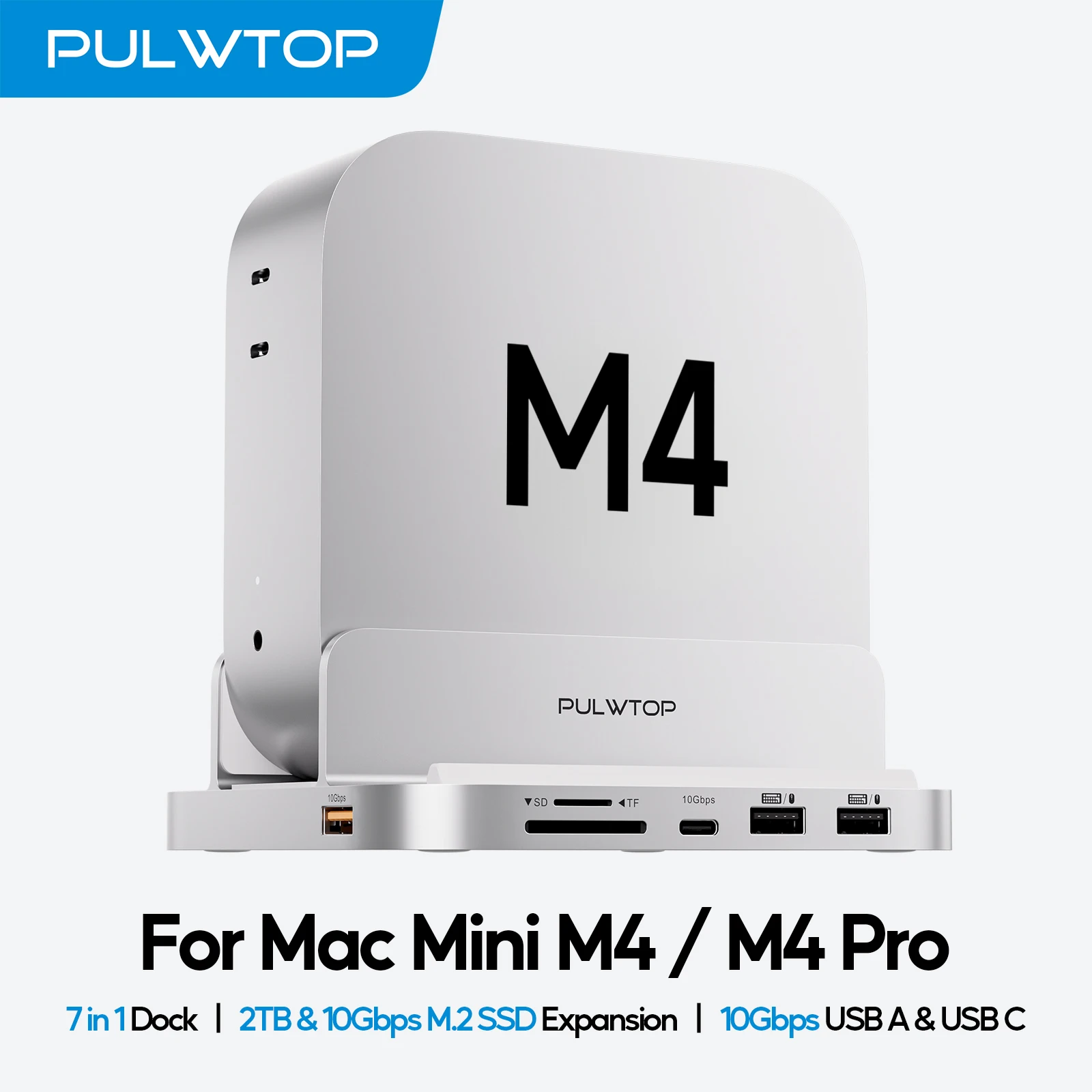 

PULWTOP Mac Mini M4 Dock Stand with M.2 SSD Enclosure for Mac Mini M4/M4 Pro, with USB A/C 3.2, Audio Mic, SD/TF