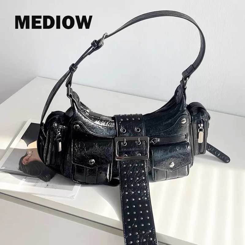 

MEDIOW Moto & Biker Bags For Women Luxury Designer Handbags Purses 2024 New In PU vintage Rivet Multiple Pockets Small Shoulder