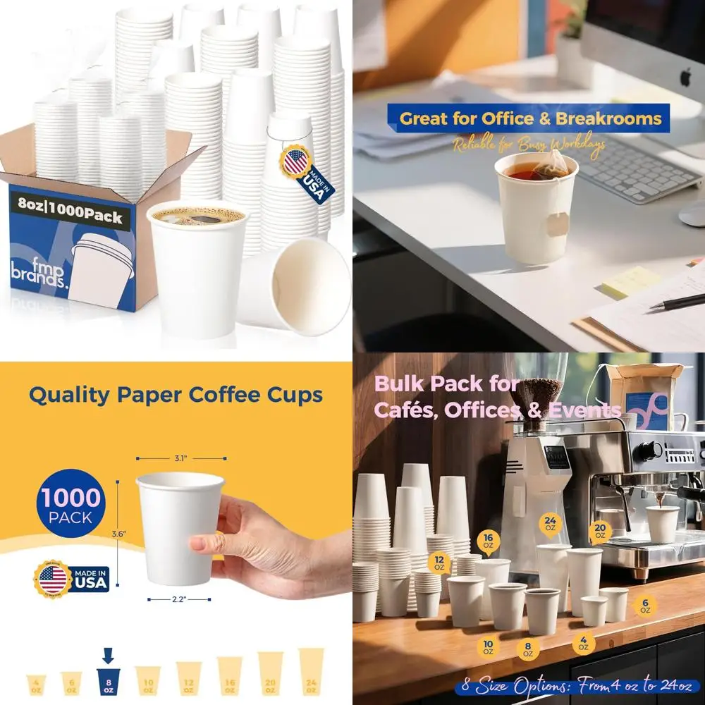 

Disposable 8 oz Paper Cups for Hot and Cold Beverages, Premium White, Thickened, Reusable, 1000 Pack