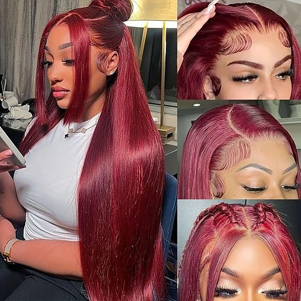 99J Burgundy 13x6 HD Lace Front Wig 38 Inch Long Colored Human Hair Wigs Pre Plucked Premium Red Brazilian Straight Lace Frontal Human Hair Wigs For Woman