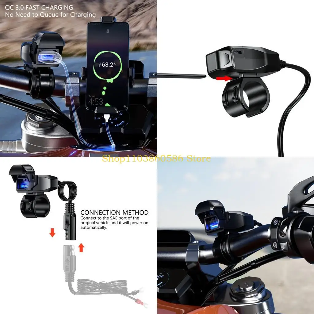 242A Universal Motorcycle Handlebar USB Chargers 18W Fast Charging Shock Resistant ABS Construction for Bikes