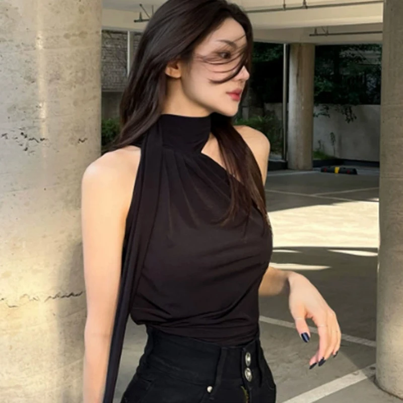 Kimotimo Korean Sexy Halter Ribbon Tank Top Women Solid Slim Fit Sleeveless Temperament Vest Camis Summer Spicy Girl Y2k Clothes