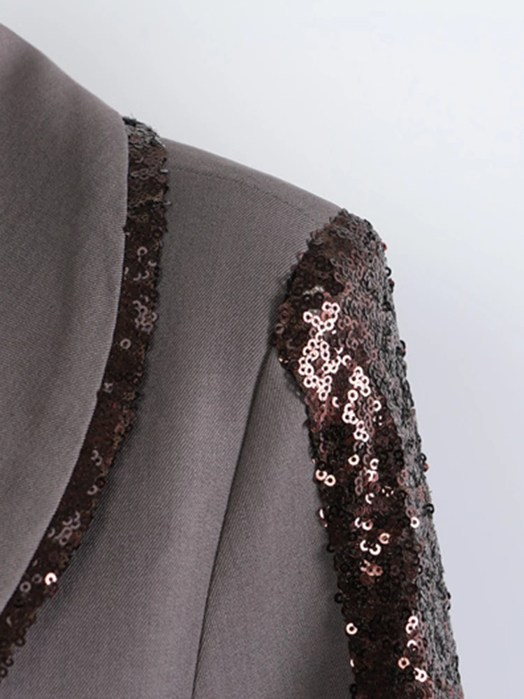 Woman Clothing Camel Sequins Spliced Big Size Long Blazer New Lapel Long Sleeve Jacket Fashion Tide Spring Autumn2025 outerwears