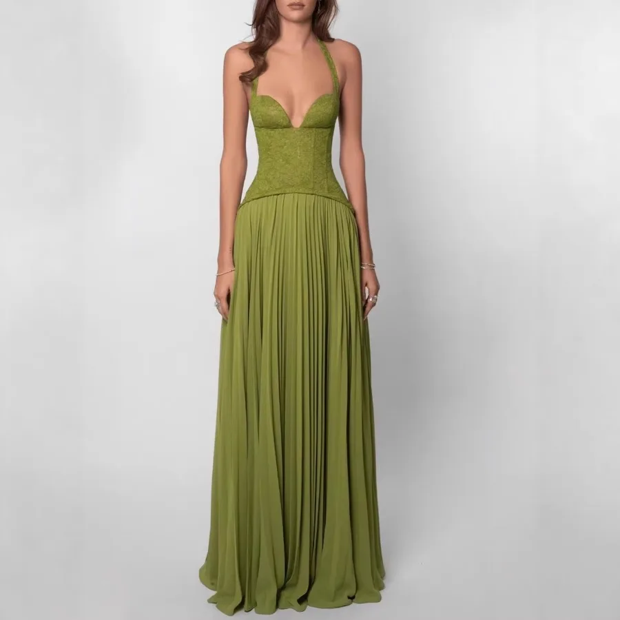 

【Новый стиль】 - Европейская и американская женская одежда, новая весенняя мода, платье с низким вырезом на шее, плиссированное, сексуальное, с открытой спиной, для женщин.