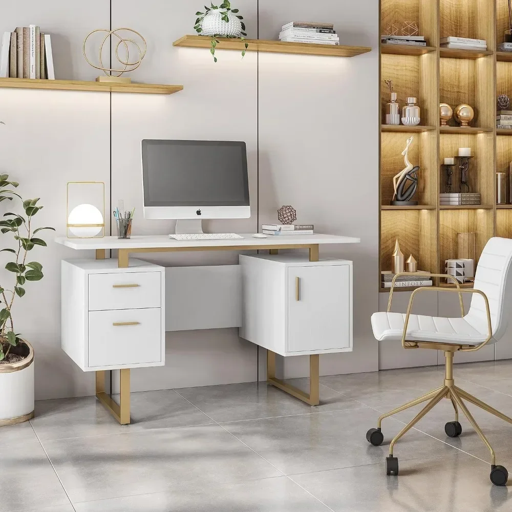 Storage Drawers and Cabinet 51.25” W-Modern Office Large Floating Desktop Surface Desk, White/Gold