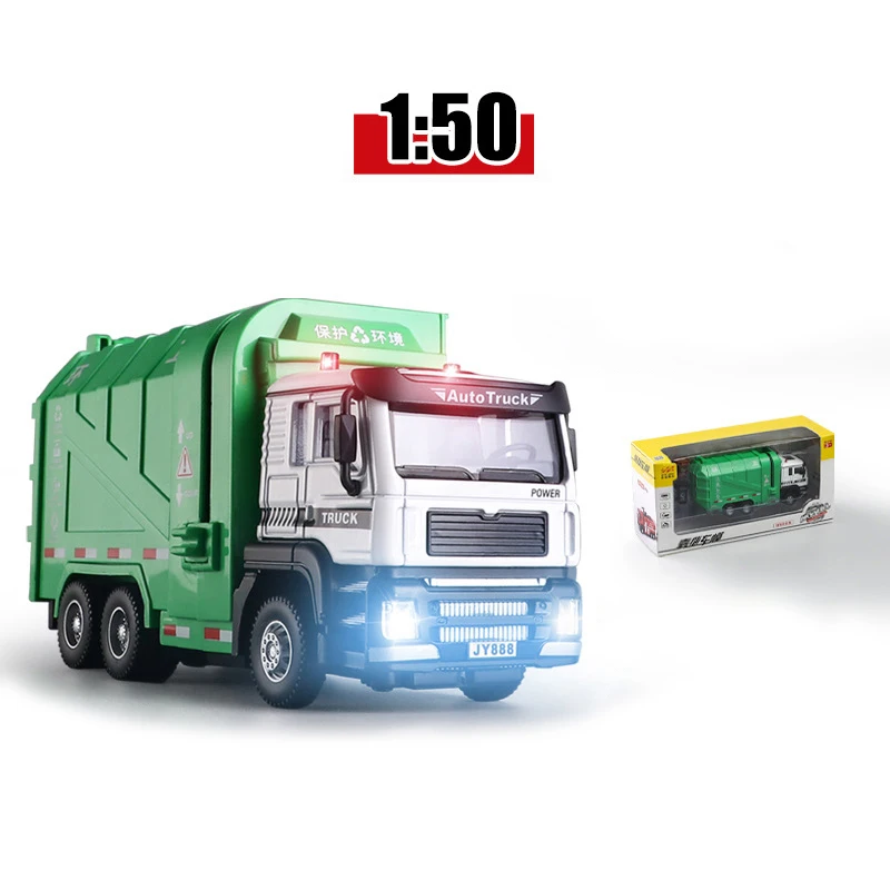 

1:50 Diecast Simulation Garbage Truck Alloy Car Model Engineer Transportation Pull Back Light Sound Vehicle Gifts For Children