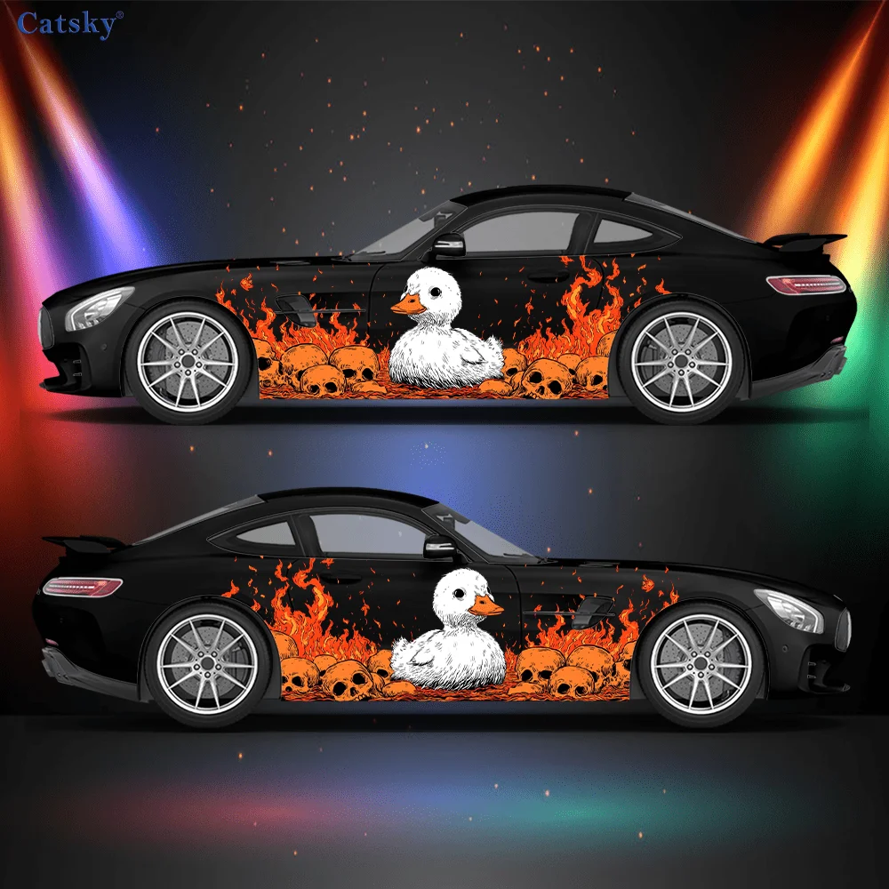 

Cute little white duck stickers in a pile of flaming skull heads, suitable for cars and trucks, durable, fade-resistant, easy to
