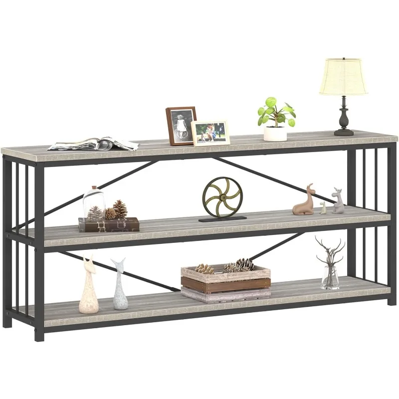 Extra Long 3-Tier Sofa Table, Industrial Console Table with Storage Shelf, Modern Rustic Wood Metal Narrow Entryway Table