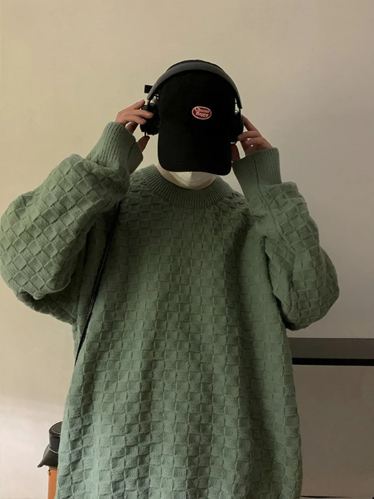 

Мужской свитер свободного кроя с круглым вырезом, осенне-зимний, с длинными рукавами, повседневный, удобный, в американском ретро-стиле, с узором в клетку.