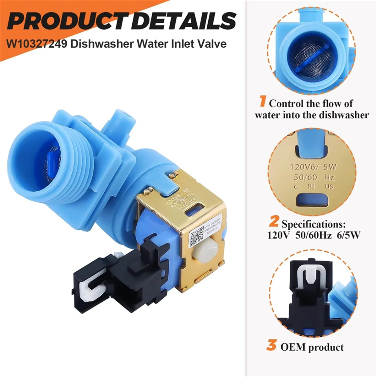 ว 10327249   ว 10327250   เครื่องล้างจานวาล์วน้ําเข้าสําหรับ Whirlpool,Kenmore 665 662 Series,สําหรับ Kitchenaid,แทนที่ W 11130743