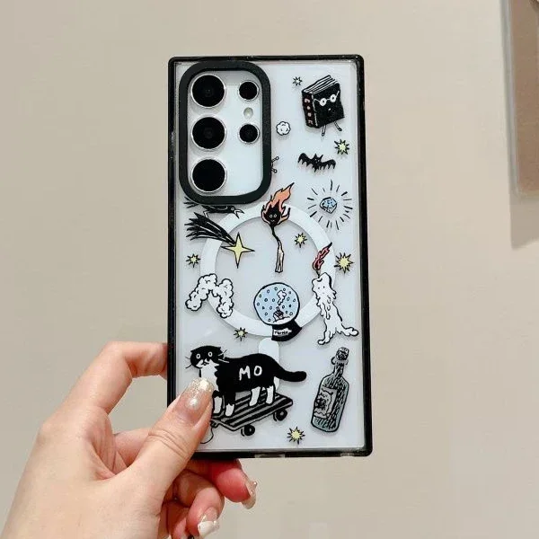 Black Cat MagSafe Acrylic Black Border Protective Case for Samsung Galaxy S24 U S23U S22 Ultra Shell