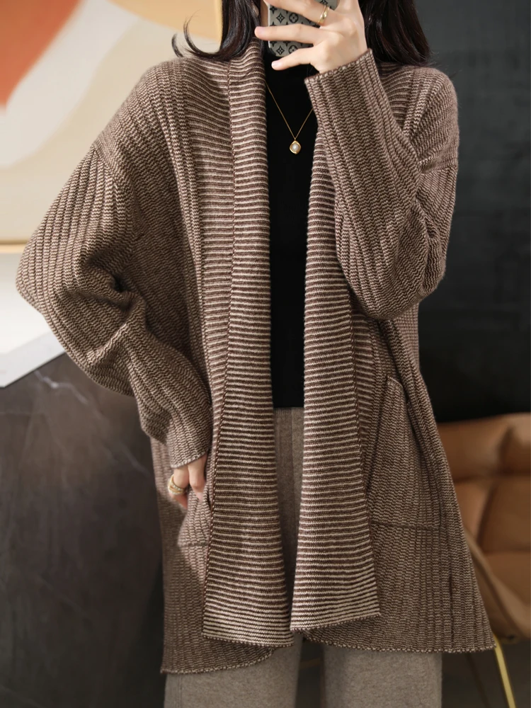 ADDONEE Cardigan lungo da donna di alta qualità autunno inverno maglione di Cashmere spessa grazia cappotto allentato Casual 100% maglieria di lana Merino